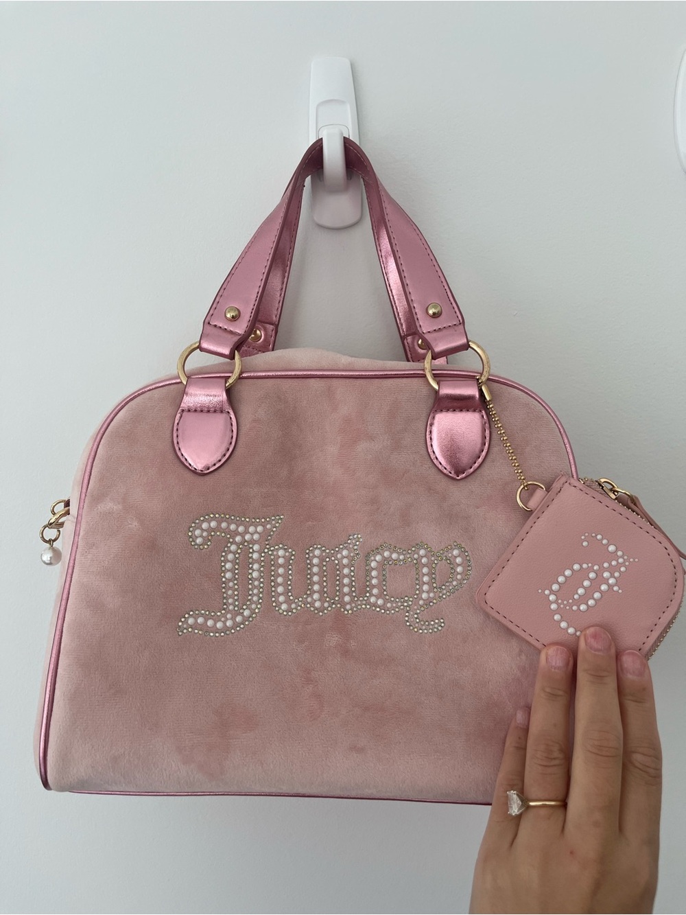 Juicy Couture Pink Suede & Metallic Pink Rhinestone Logo Satchel